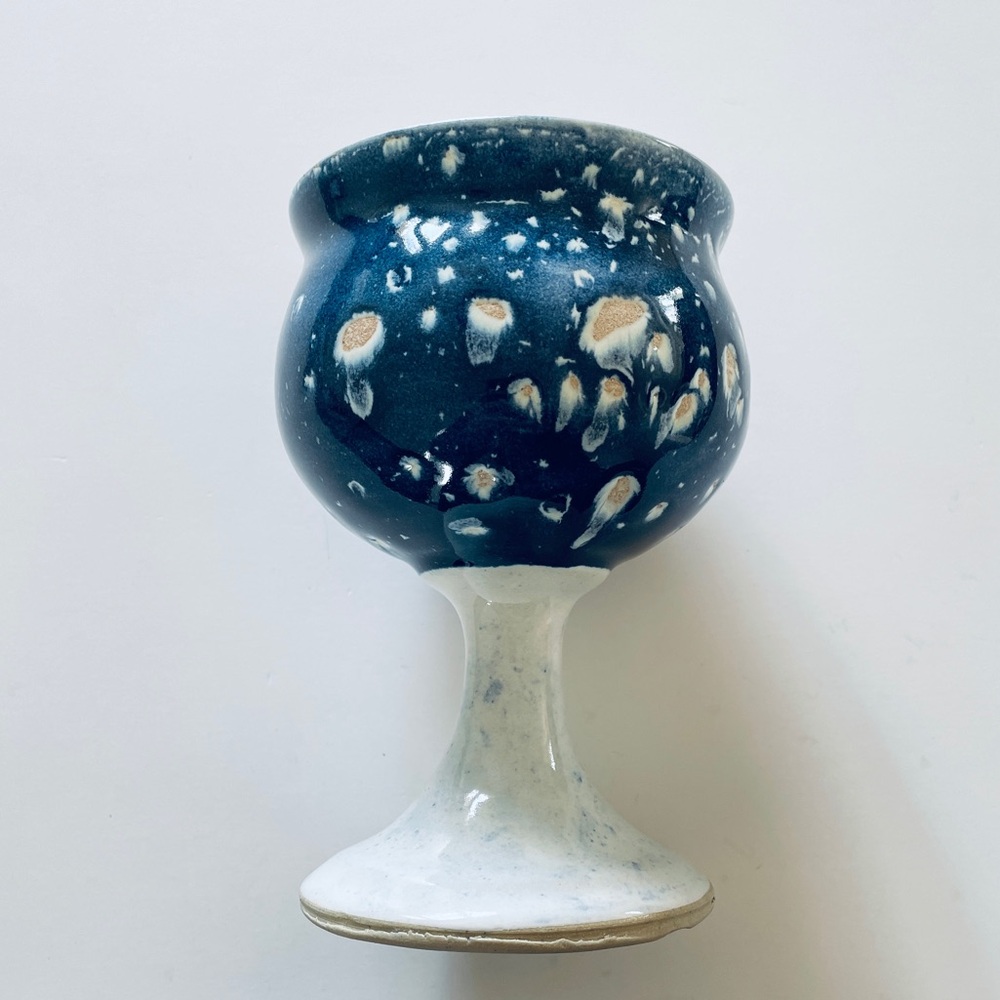 Vintage Studio Pottery Blue Mottled Stoneware Chalice Goblet Celestial Wine Cup⁠